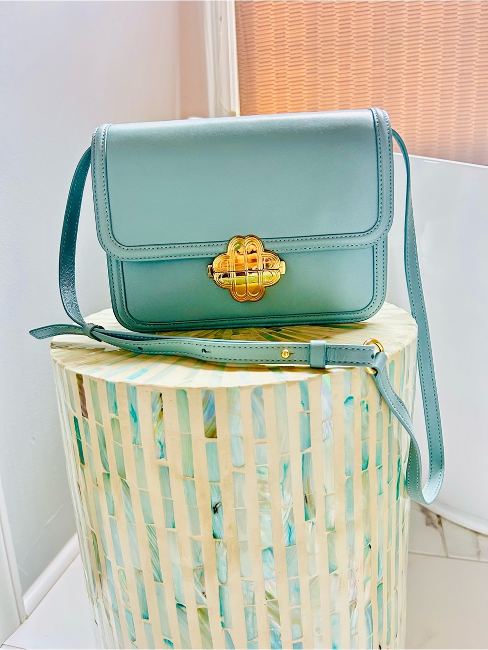 Maje baby Blue Leather Crossbody with Gold Clasp